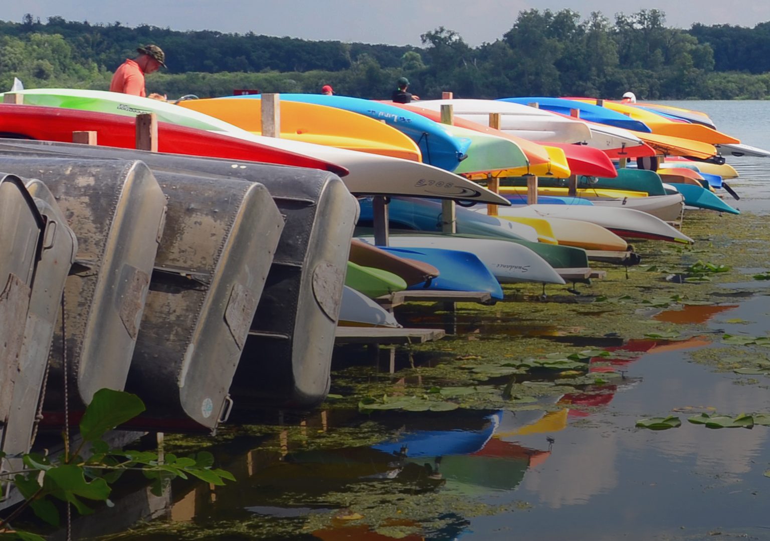 Row of colorful boats stored near dock overlooking Lake Wingra