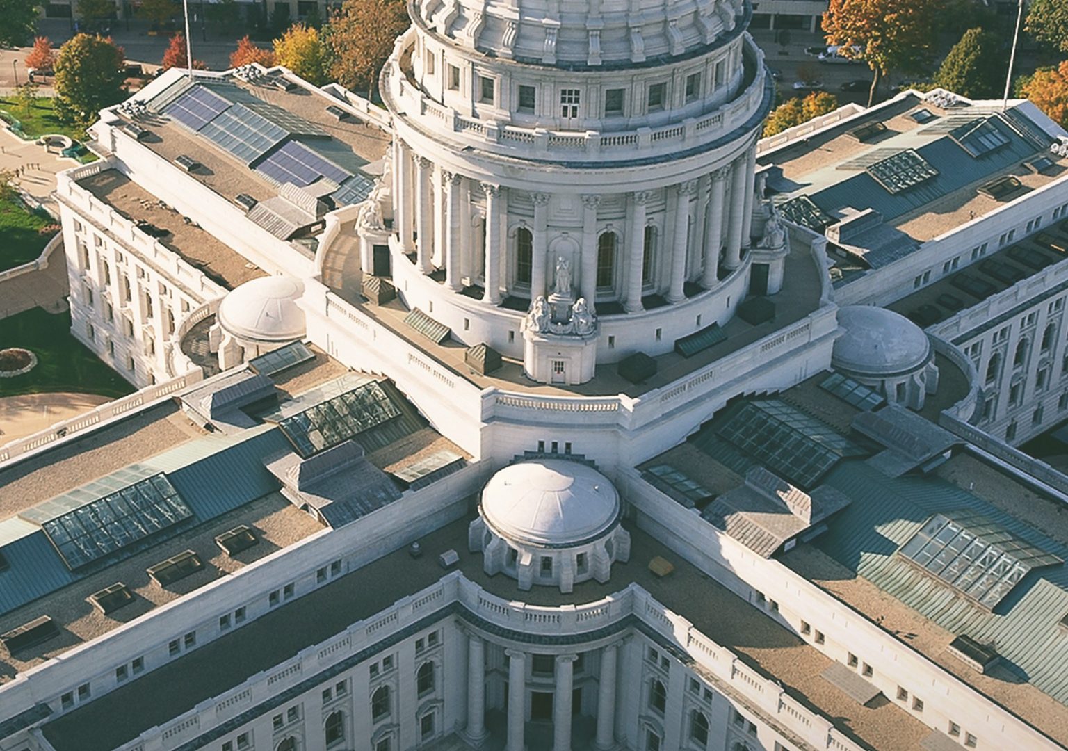 Aerial view of Wisconsin State Capitol and downtown Madison